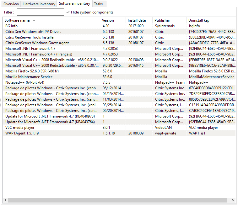 Software inventory as registered in the Windows registry of the host