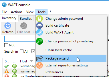 Menu option for creating a WAPT package template in the WAPT Console