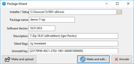 Dialog box requesting information when creating the WAPT package in the WAPT Console