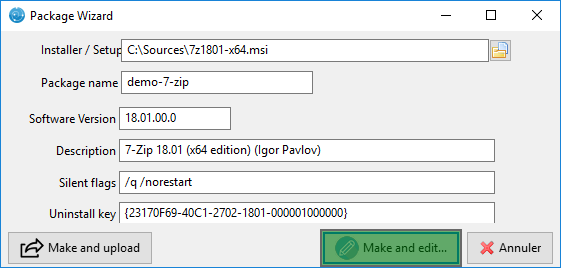 Dialog box highlighting the "Make and edit ..." button when creating the WAPT package in the WAPT Console