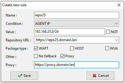 Window for setting repository rules in the WAPT Console