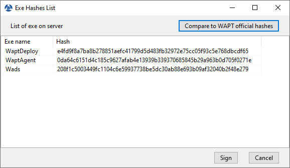 Window for signing binaries in the WAPT Console