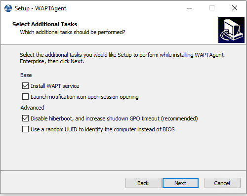 Choosing the installer options for deploying the WAPT Agent