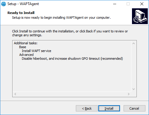 Dialog box showing the summary of the installation options