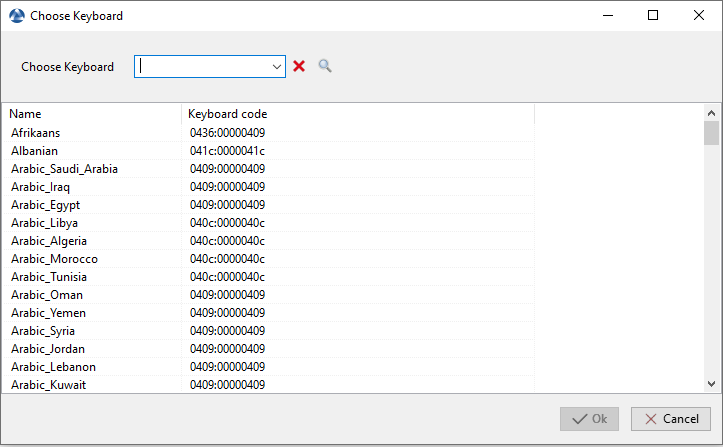 Dialog box for selecting the keyboard in the WADS Console