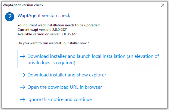 Window showing that the WAPT Console version is out of date