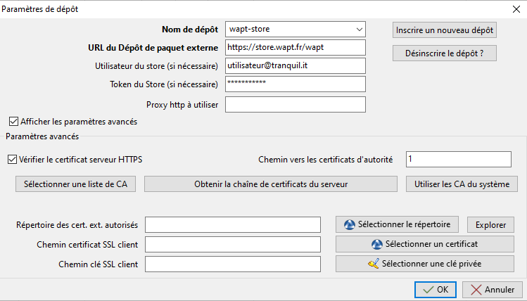 WAPT Console advanced parameters for credentials