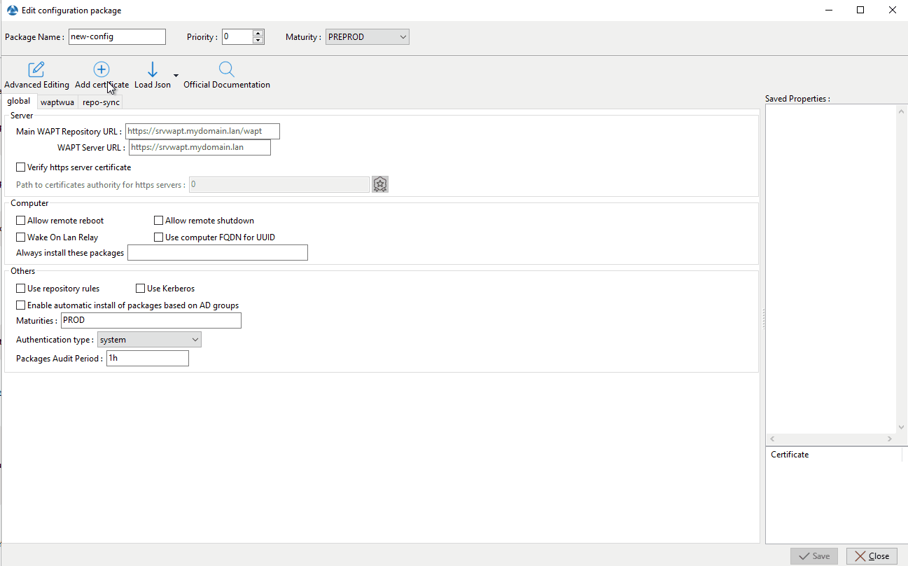 Adding a certificate in a WAPT configuration package