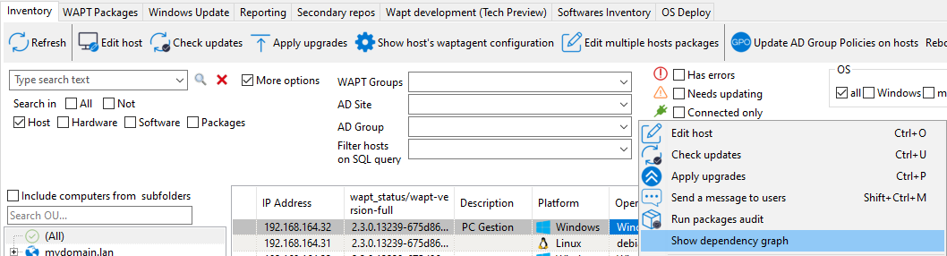 Right-clicking on a host to see its dependency graph