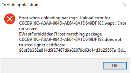 Window showing that the uploaded package has signer certificate issue