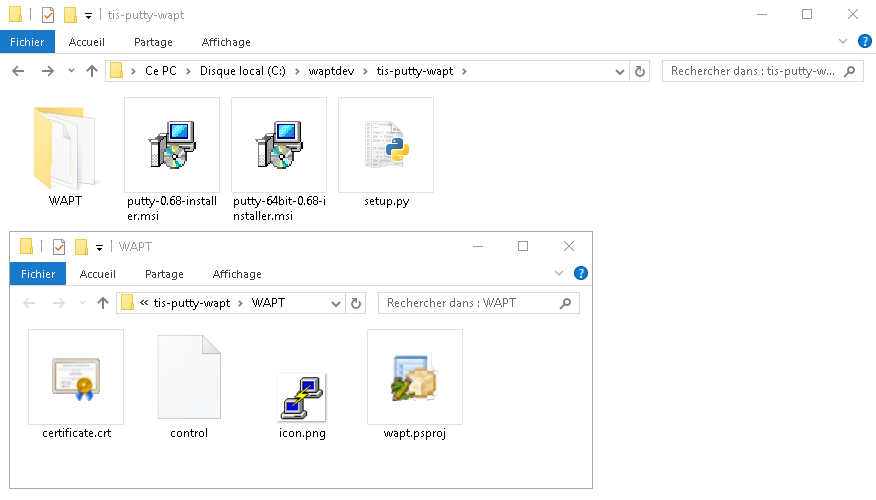 WAPT package structure shown in Windows Explorer