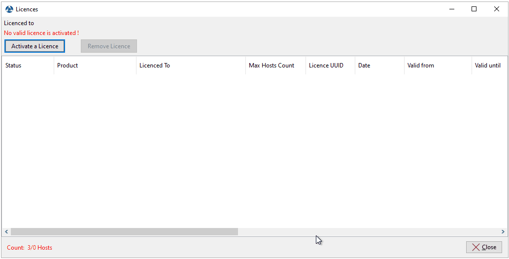 Window listing no subscribed WAPT licences in the WAPT Console