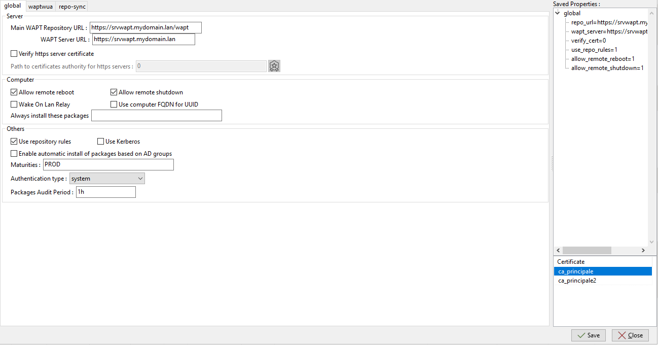 Global tab for configuring a WAPT package