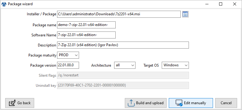 Dialog box requesting information when creating the WAPT package in the WAPT Console