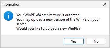 Dialog box informing to update a WinPE file in the WADS Console