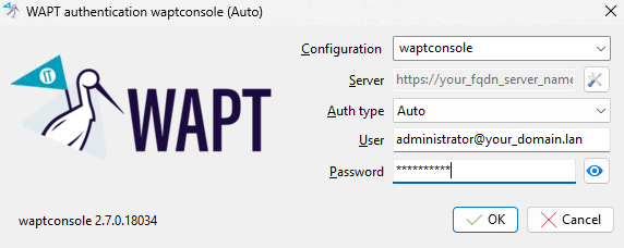 The WAPT Console authentication window