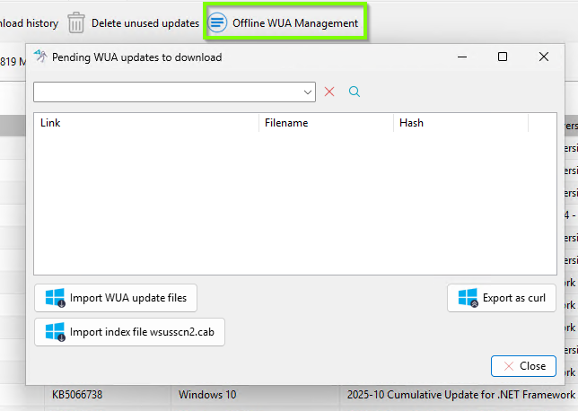 Action buttons for Offline wua management