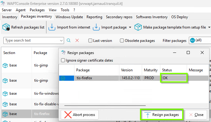 Windows of re-signing with WAPT console