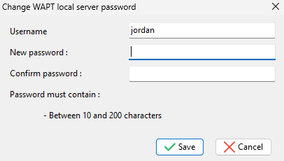 Dialog box for changing the user password in the htaccess file