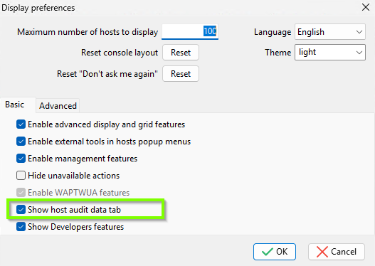 Window showing the advanced preferences