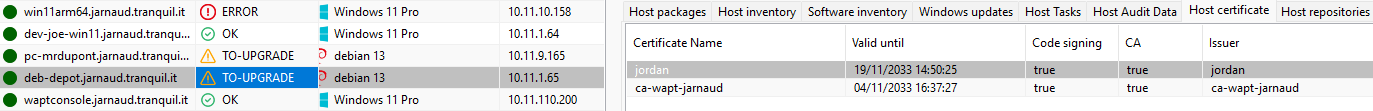 Window showing the certificates trusted by the selected host