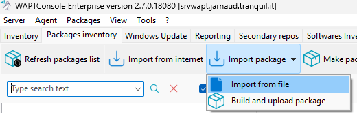 Menu list for importing a WAPT package into the WAPT repository