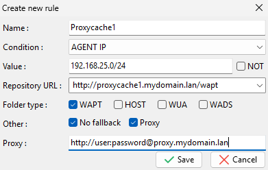 Window for setting proxycache rules in the WAPT Console