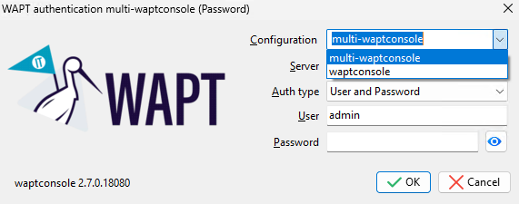 Window showing connections with several WAPT Server profiles