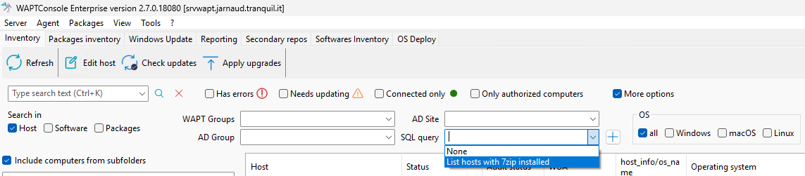Filtering the host inventory using a SQL query