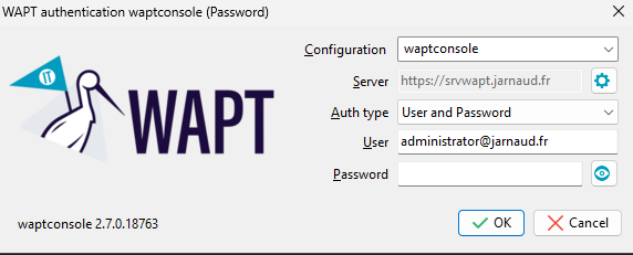 The WAPT Console authentication window