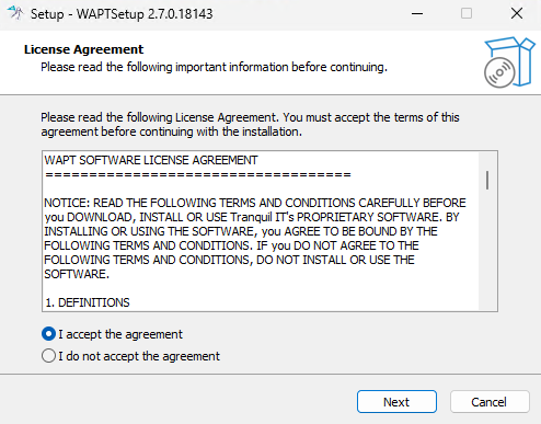 Accepting the WAPT license terms