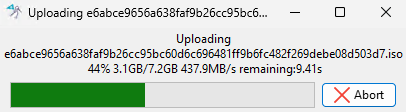 Dialog box informing of the uploading progession of the ISO file in the WADS Console
