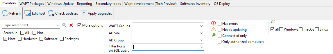 Advanced search functionalities in the WAPT Console