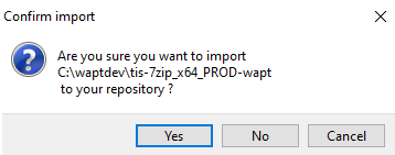 WAPT Console dialog box for confirming the importation of a WAPT package into the private repository