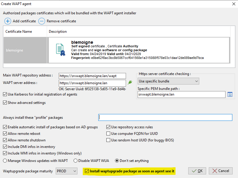 Screen capture of the WAPT Console showing the "Install waptupgrade package as soon as agent sees it" checkbox