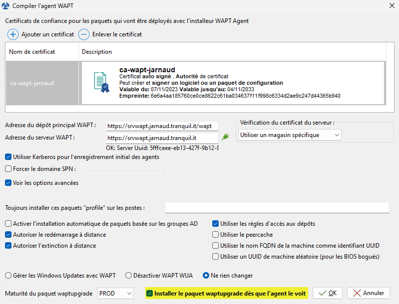 Screen capture of the WAPT Console showing the "Install waptupgrade package as soon as agent sees it" checkbox