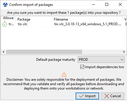 Dialog box to prepare and confirm the import of a WAPT package into a WAPT repository