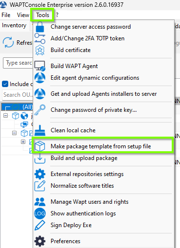 Menu option for creating a WAPT package template in the WAPT Console