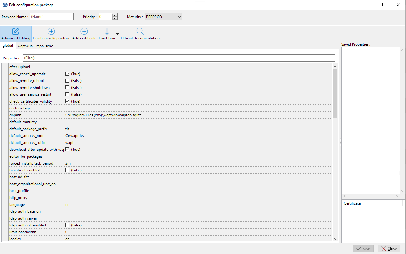 Advanced WAPT package configuration form