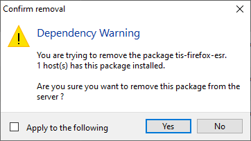 Window alerting that a package is used by at least one host when attempting to delete a package from the local repository