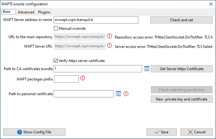 The WAPT Console configuration TLS error.