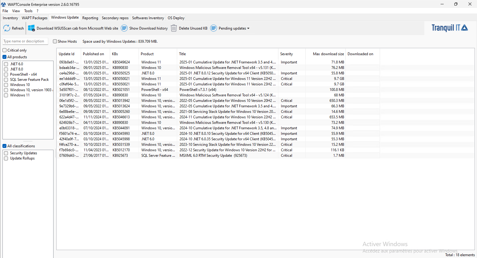 Windows Updates tab in the WAPT Console