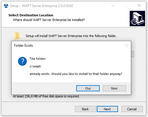 Dialog box warning about the obsolete WAPT destination folder