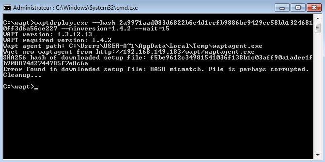 Error with the WAPT Deploy utility hash in a text terminal window