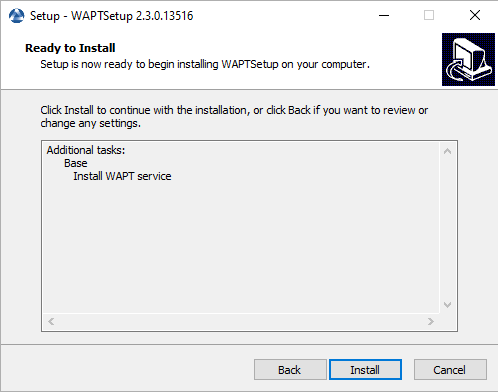 Dialog box showing the summary of the installation options