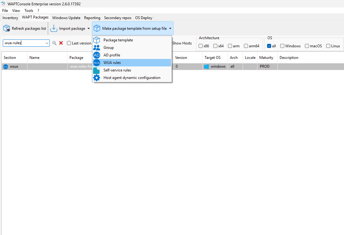 Editing a WUA Rules Package in the WAPT Console