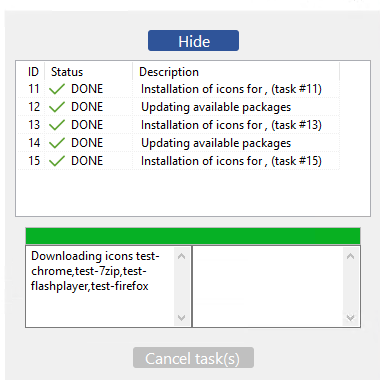 Dialog box showing the status of WAPT tasks in WAPT Self-service