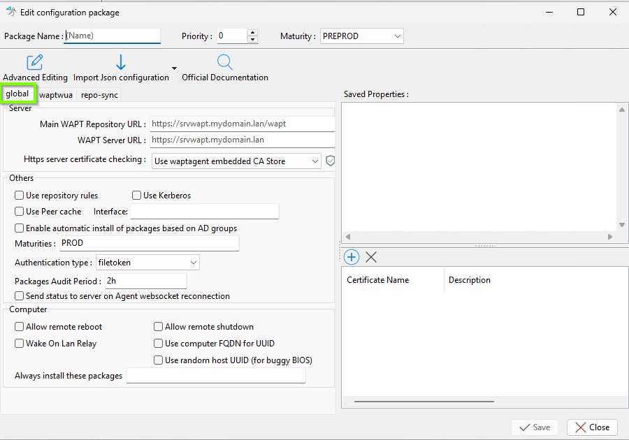 Tabs in a Configuration Package