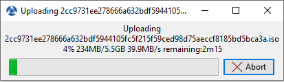 Dialog box informing of the uploading progession of the ISO file in the WADS Console