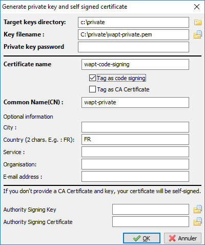 Generating a certificate with the *Code Signing* attribute